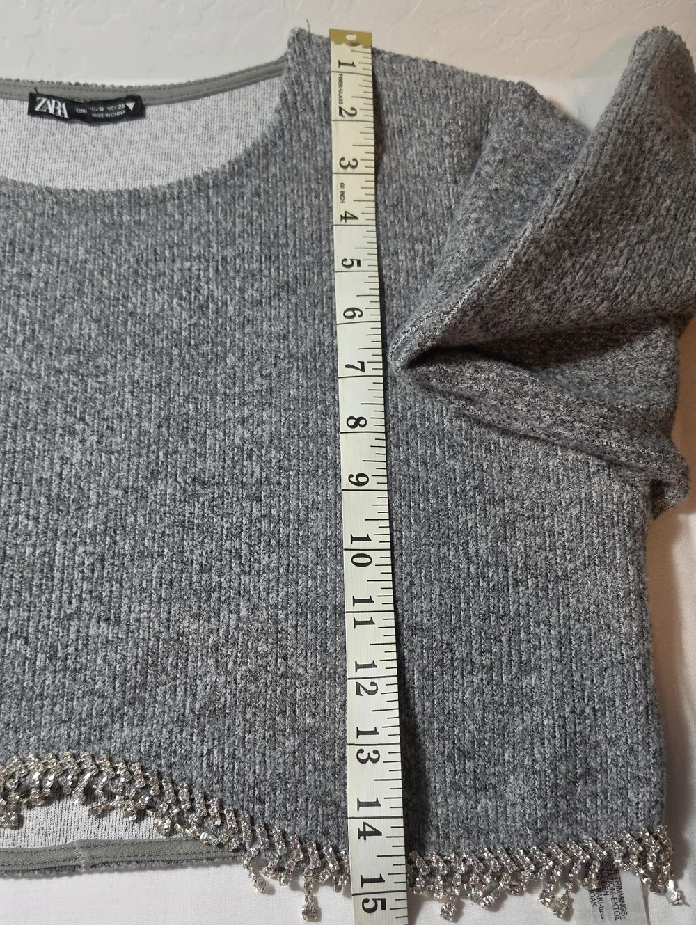 Zara Gray Cropped Gray Sweater Top with Rhinstone Front Hem Size Medium